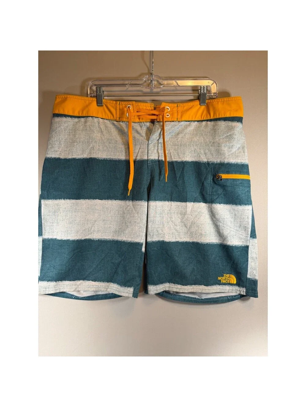 The North Face Mens Striped Board Shorts Teal Yellow Size 36 Swim Trunks